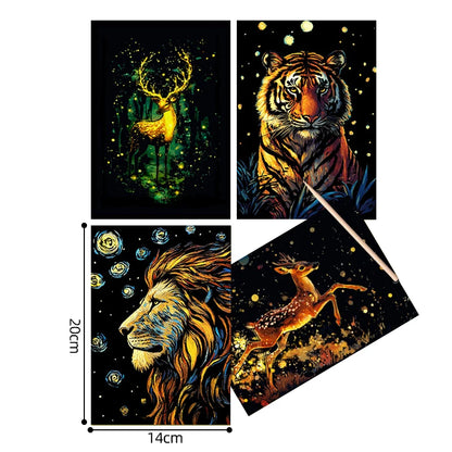 4PCS Scratch Art Paper World Landmarks Animals Painting Toy with Stylus Stress Relief Drawing Kids Adult Gift Glow in Dark Craft