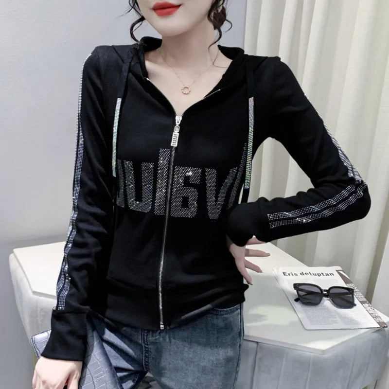 #7937Black Grey Women Hoodies Sweatshirt Tops Pullovers Diamonds Letters Slim Streetwear Short Hoodies Woman Zipper Korean Style.