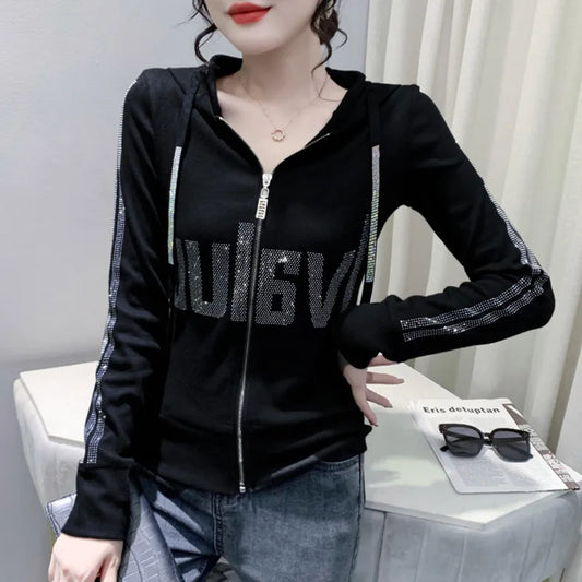 #7937Black Grey Women Hoodies Sweatshirt Tops Pullovers Diamonds Letters Slim Streetwear Short Hoodies Woman Zipper Korean Style.