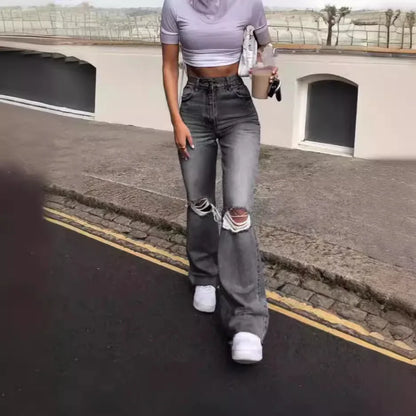 Hole Flare Pants Jean Women Fit Vintage Pockets High Waist Zipper Button Basics Denims Wide Leg Trousers 2025 Casual Jeans.