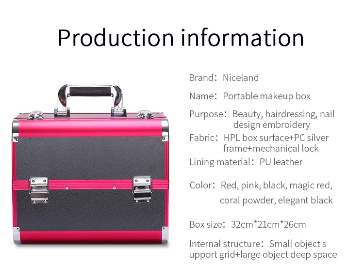 Makeup Train Case Aluminum Alloy Case Pedicure Tool Box with Handle Cosmetic Box Portable Makeup Case Organizer.