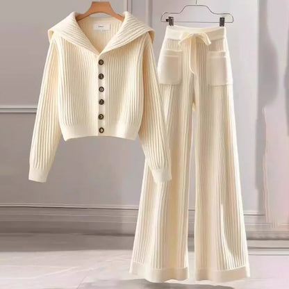 Spring  Autumn 2025 New Chic Sweater Two-Piece Women's Fashion Loose Single-Breasted Soft Waxy Knitted Top Casual Straight Pants.