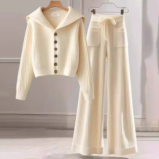 Spring  Autumn 2025 New Chic Sweater Two-Piece Women's Fashion Loose Single-Breasted Soft Waxy Knitted Top Casual Straight Pants.