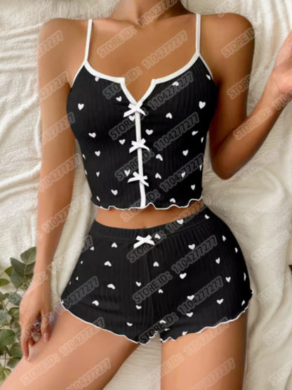 Frauen Sexy Nachtwäsche Pyjamas Set Herz Druck Seide Fleck V-ausschnitt Ärmellose Sexy Dessous Casual Cami und Shorts Sets Loungewear