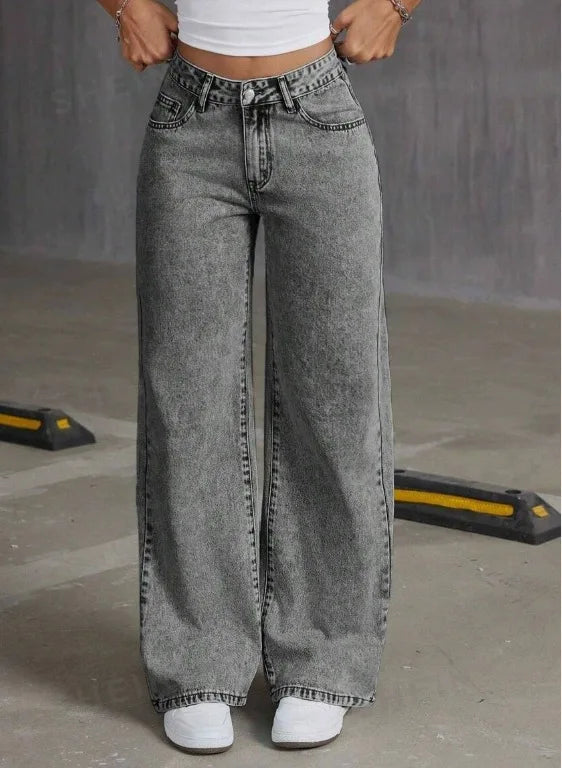 Jean Straight Pants Women Denim Washed Jeans Full Length Mom Embroidery Pockets Loose High Waist Vintage Zipper Fly Spliced.
