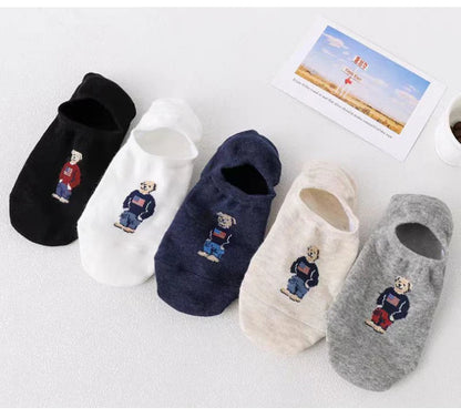 5 Pairs of Super Cute Bear Embroidered Cartoon Bear Boat Socks, Soft and Comfortable, Sweat Wicking and Versatile Short Socks.