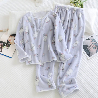 2025 New Winter Women's Pajama Set with Thickened Fleece and Flannel Warm Head Cartoon Comfortable Home Clothing Set Pijama