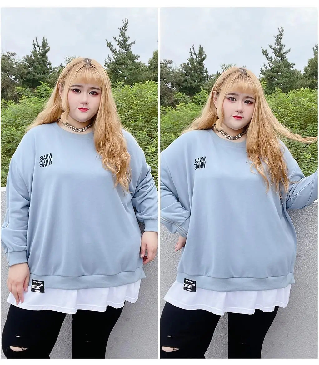 Frühling Herbst Neue Koreanische Mode Zwei Gefälschte Stücke Plus Größe Sweatshirt Frauen Brief Patchwork Casual Dame Tops Übergroße Kleidung.