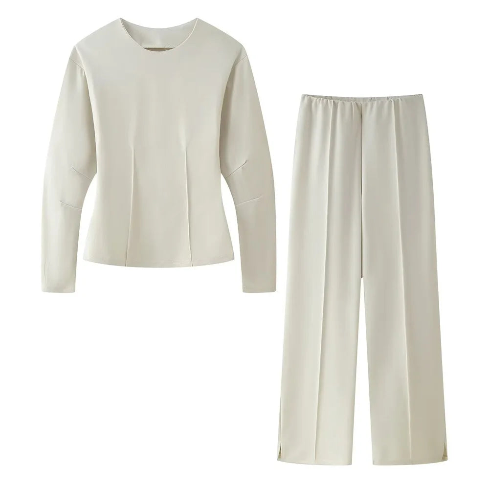 2025 Spring New Women's Two Piece Pant Set Fashion Long Sleeve O-neck Pleated Top Double-Sided Fabric Office Top Casual Pants.