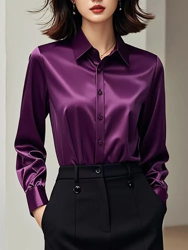 High Quality Silkly Satin Women's Shirt Office Ladies Long Sleeve Blouses Polo Neck Gold shirt Button Luxury Casual women tops.