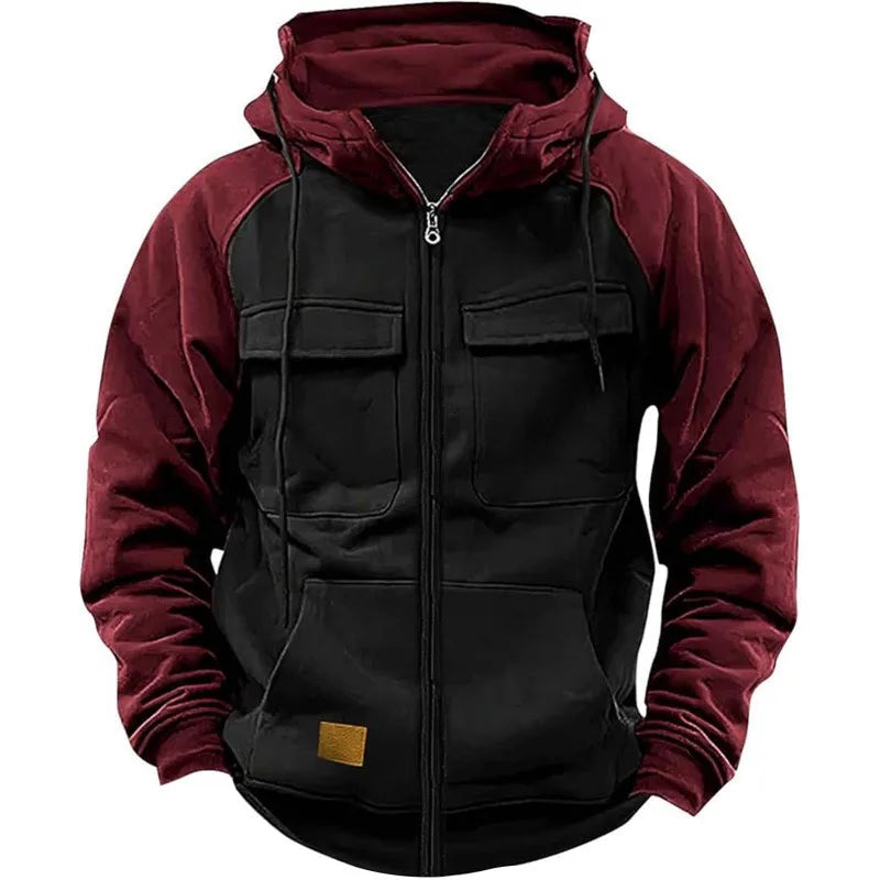 2025 Autumn Retro Workwear Hooded Sweatshirt Men Zipper Solid-Color Warm Sports Shirt With Multiple Pockets Hooded Jacket Winter.