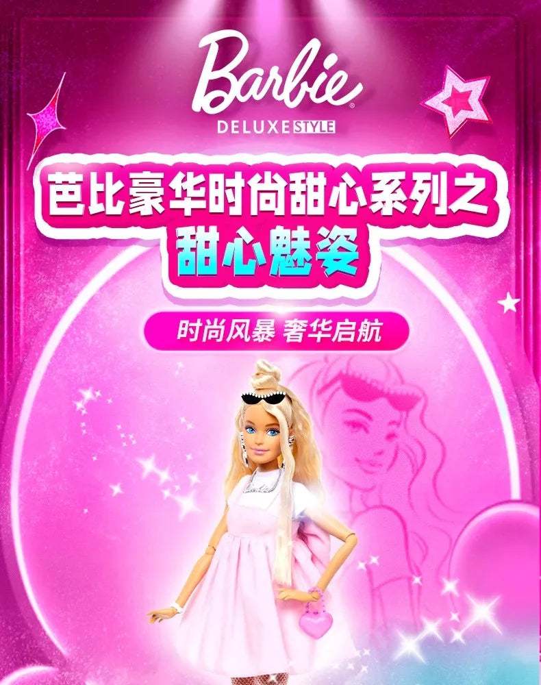 Genuine Barbie Deluxe Style Dolls Pink Dress Outfit Blond Hair Knot Bow Accessories Mesh Tights Toys For Girls Sweet Gift.