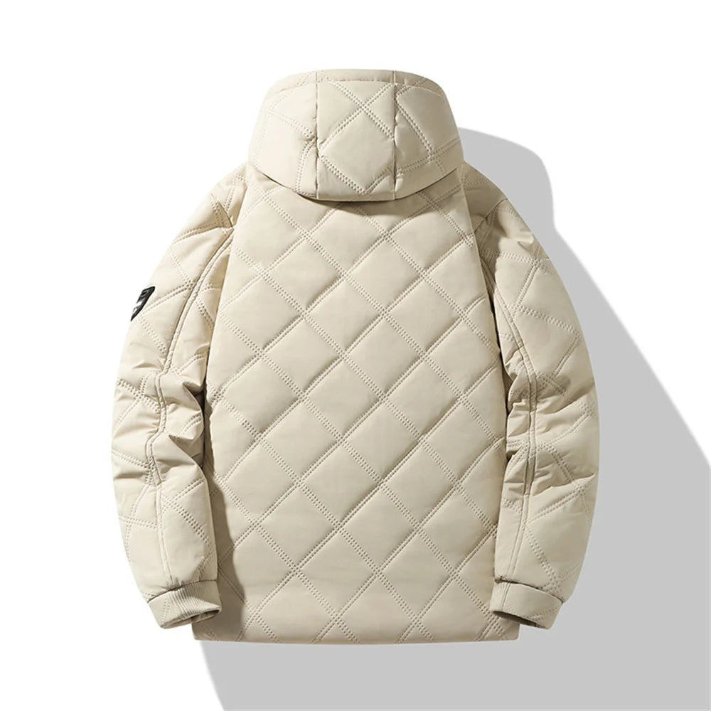Winter Windproof Thermal Diamond-Pattern Fleece-Lined Thickened Cotton Coat Business Casual Hooded Jacket Fashionable Menswear.