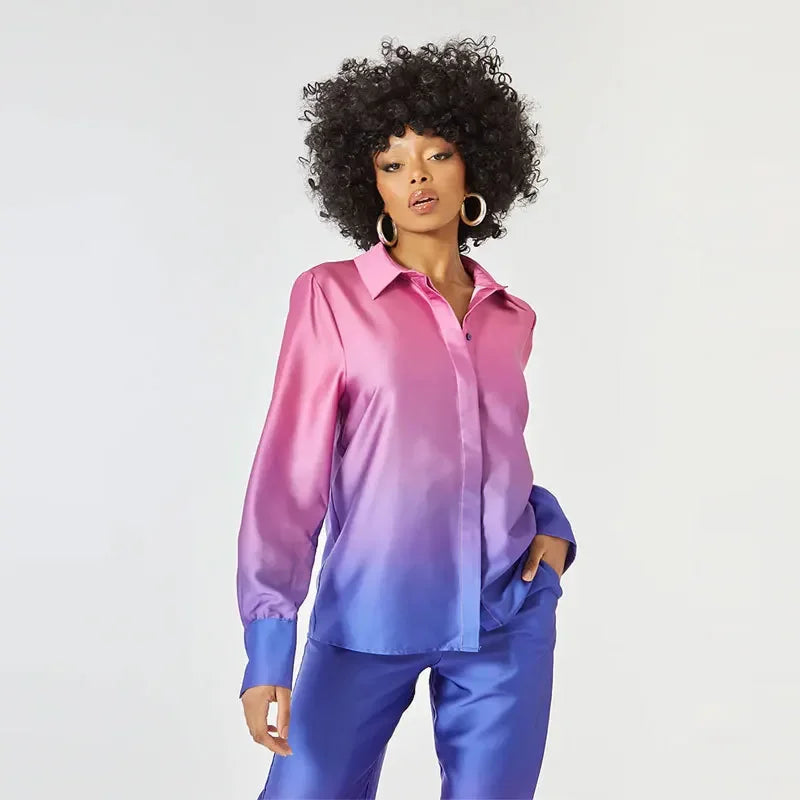 Female Casual Outfit New Summer Print Suits Woman Vintage Printed Long-sleeved Shirt and Loose Wide Leg Pants Set Two Piece Set.