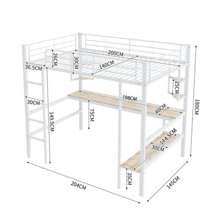 Merax Hochbett 140x200 cm Metallbett mit Schreibtisch und Regal für Kinder Jugendliche und Erwachsene Weiß