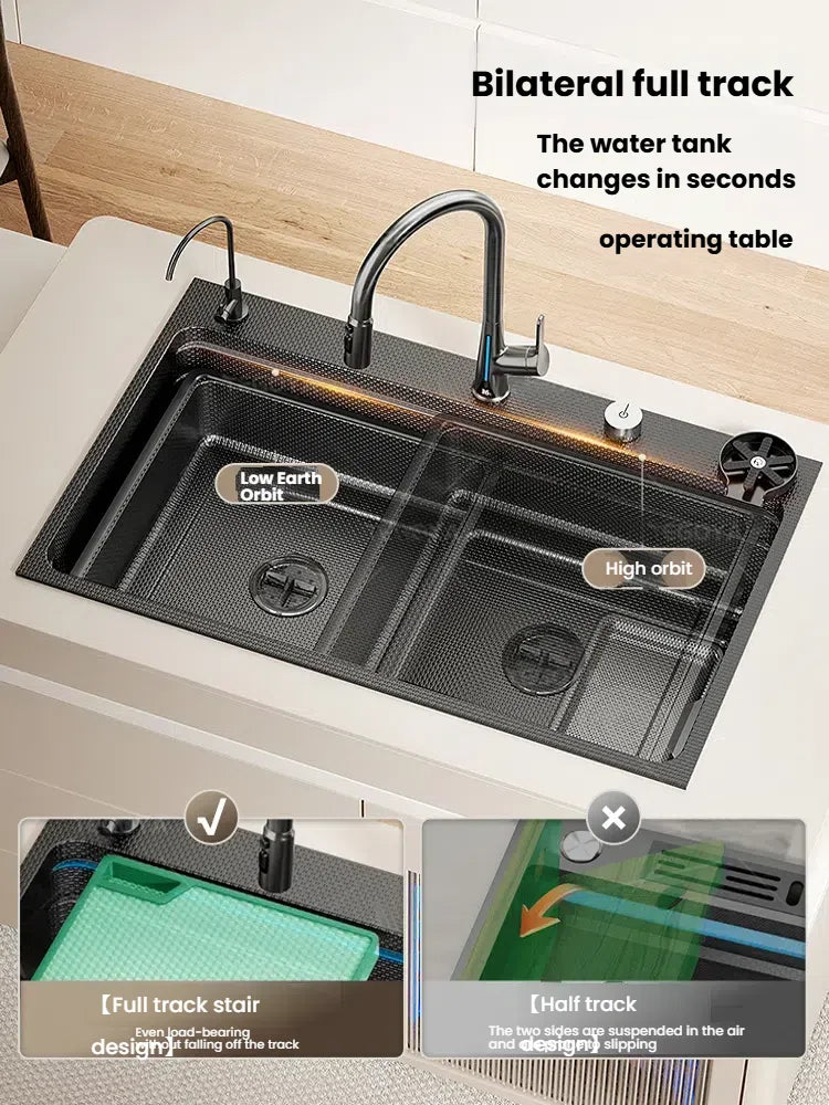 Gray 304 Stainless Steel Kitchen Sink Wash Dish Bowl Nano Embossing Large Single Slot Multifunctional Household Undermount Basin