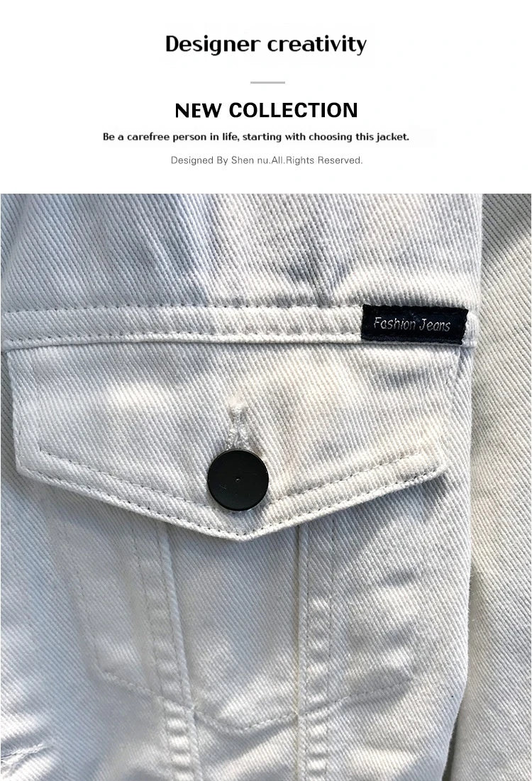 Men's Denim Jacket Spring Autumn White Casual Slim Fit Korean Style Workwear Coat Streetwear Fashion Male Outerwear Jackets.