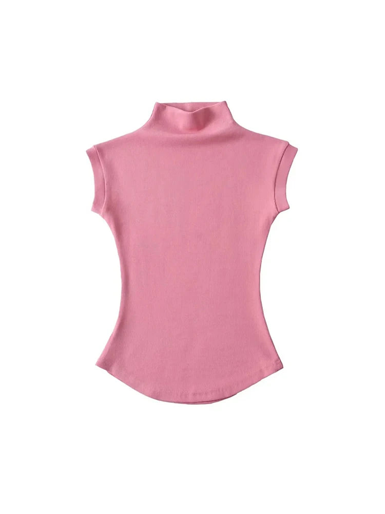 Women Summer Sexy Turtleneck Sleeveless T-Shirts Tops Solid Slim Fit Pullovers Causal Tees Shirts Female Streetwear Basics Tees.