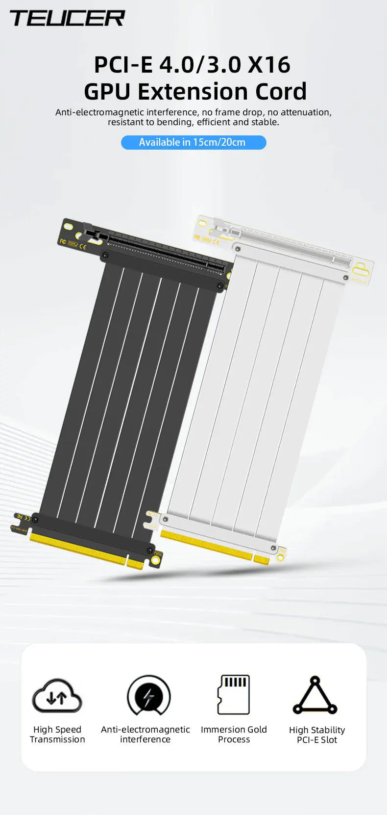 TEUCER PCI-E 4.0 X16 Riser Cable Video Card Extension Shielded Flexible 90° Mounting GPU Extension Cord Black/White.