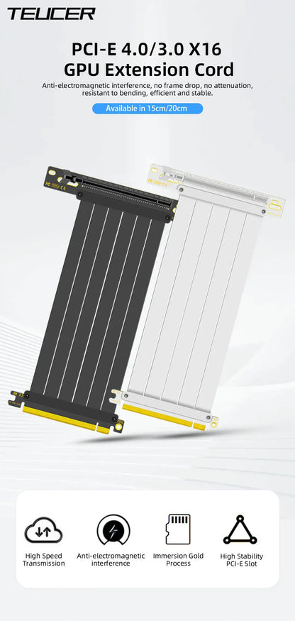 TEUCER PCI-E 4.0 X16 Riser Cable Video Card Extension Shielded Flexible 90° Mounting GPU Extension Cord Black/White.