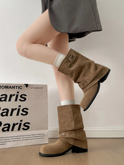 Winter Pleated Women Western Ankle Boots Fashion Rivet Belt Buckle Shoes Ladies Concise Vintage Thick Heel Short Booties.