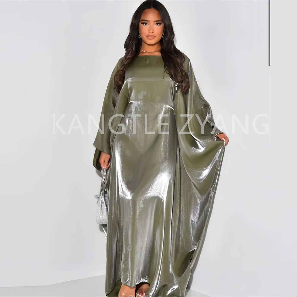Ramadan Summer Batwing Sleeve Satin Butterfly Abaya Islam Muslim Maxi Dress Kebaya Women Kaftan Robe Musulmane Femme Vestidos.