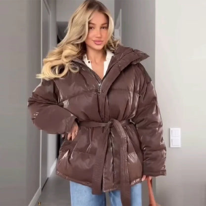Frauen Glänzend Herbst Winter Mit Kapuze Baumwolle Gefütterte Jacke Lose Lange Hülse Spitze Up Warme Mantel 2025, Neue Dame Mode Party outwear