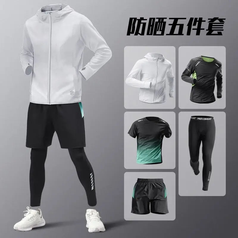 5pcs Men's Lightweight Summer Ice Silk Athletic Set Quick-Dry Running Clothes Outdoor Kit Cycling Fitness Men's Sportswear Set