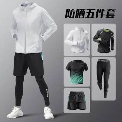 5pcs Men's Lightweight Summer Ice Silk Athletic Set Quick-Dry Running Clothes Outdoor Kit Cycling Fitness Men's Sportswear Set