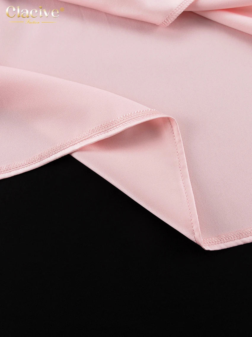 Clacive Fashion Loose Pink Satin Pants Sets For Women 2 Pieces Elegant Long Sleeve Shirt With High Waist Wide Trousers Suits.