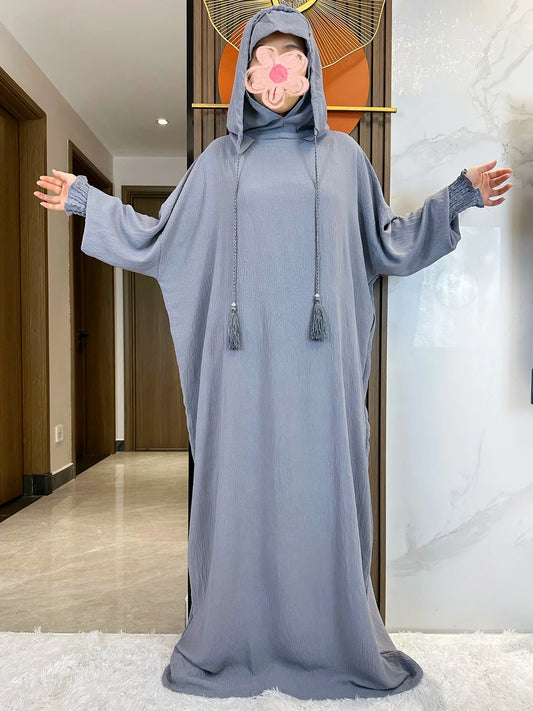 Women Cotton Abayas Muslim Ramadan Prayer Clothing With Hooded Jalaba Solid Casual Batwing Sleeve Arab Oriental Robe Eid Djellab.