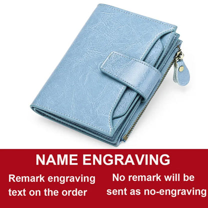 2024 New Short Women Wallets Genuine Leather Zipper Coin Pocket Women Purse Name Engraved Quality Card Holder Kpop Female Wallet