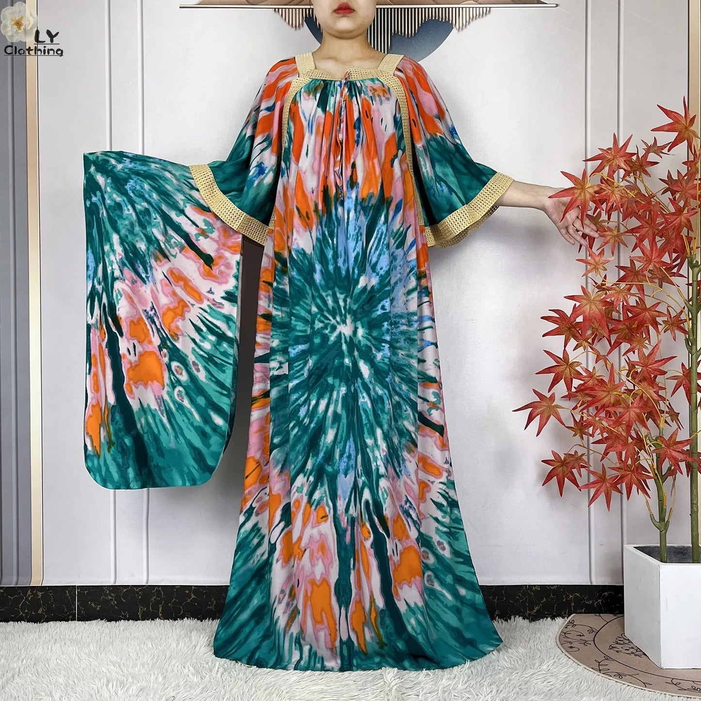 New Muslim Dress Woman Short Sleeve Dashiki African Abaya Tie-dyed Printing Cotton Loose Femme Robe Islamic Dresses With Scarf