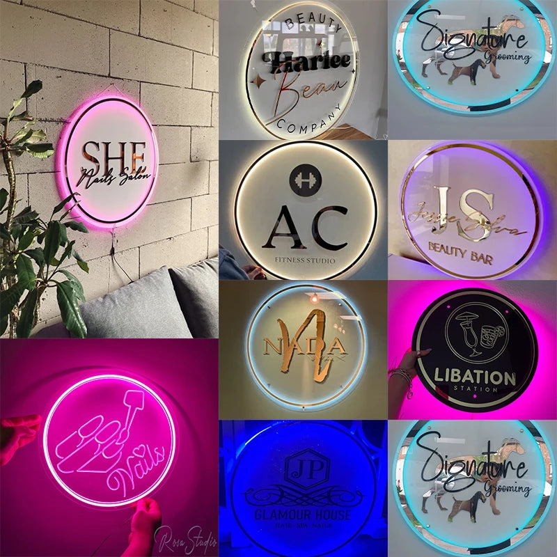 Custom Acrylic Business Sign LED Round Business Neon Lights Logo Sign Plaque Neon Circle Name 3D Company Shop Wall Art.