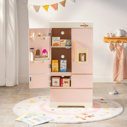 Robotime Robud Kids Corner Kitchen Playset Wooden Play Kitchen Set with Realistic Sound Pretend Play Gift for Boys Girls Pink.