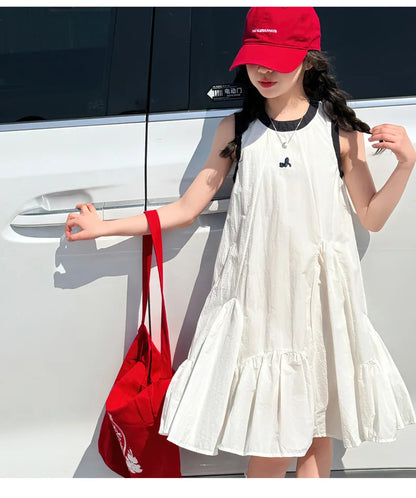 Neues Sommer-Mädchen-Prinzessinnenkleid für Kinder, ärmelloses Kleid mit Rüschen, Design-Kleider für Teenager, Kinder, lässiges Urlaubs-Strandkleid