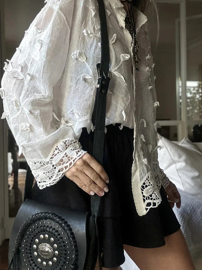 Casual Solid Color Long Sleeve Vacation Shirts Elegant Lapel Floral Hollow Out Blouse Fashion Women Single Breasted Commute Tops.