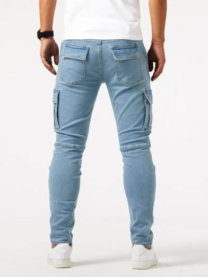 Neue Jeans Herren Seitentasche Skinny Jeans Schlank Einfarbig Hohe Taille Denim Bleistift Hosen Sommer
