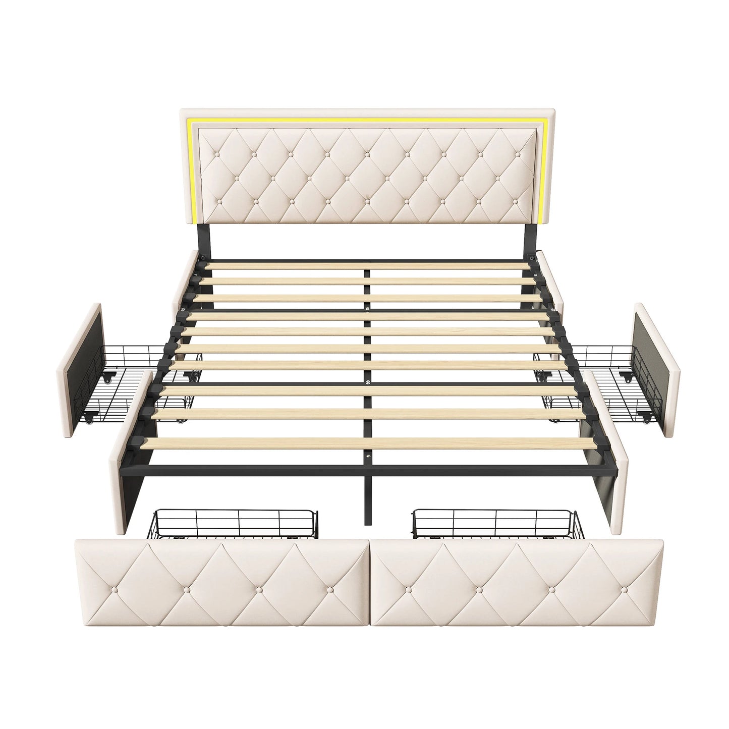 Rosahqnda Modernes Kunstlederbett mit Schubladen, stilvolles Doppelbett aus Kunstleder mit Stauraum, ohne Matratze