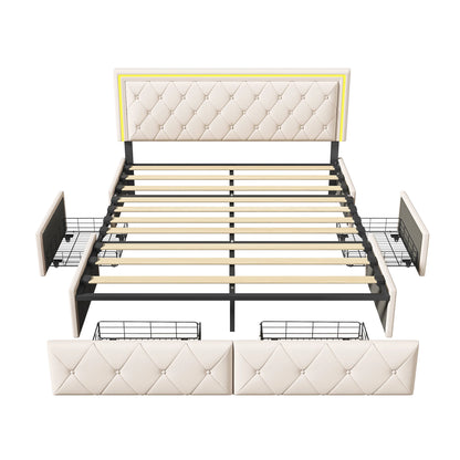 Rosahqnda Modernes Kunstlederbett mit Schubladen, stilvolles Doppelbett aus Kunstleder mit Stauraum, ohne Matratze