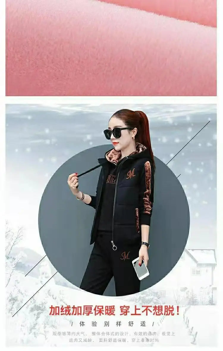 Winter 3 Pcs/Set Women Waistcoat Top Pants Set Letter Embroidery Ladies Winter Tracksuit Color Block Three-piece Sweatpants Set.