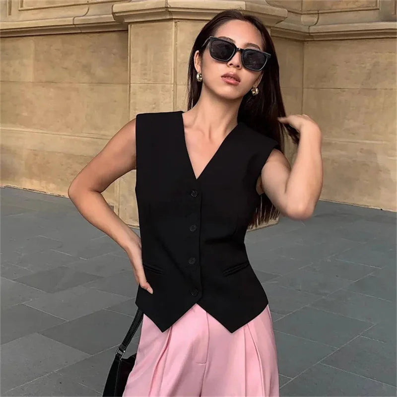 Frühling Sommer Koreanische Mode Weste 2025, Neue Frauen Kurze Mode V-ausschnitt Ärmellose Casual Blazer Weste Mäntel Weibliche Tops