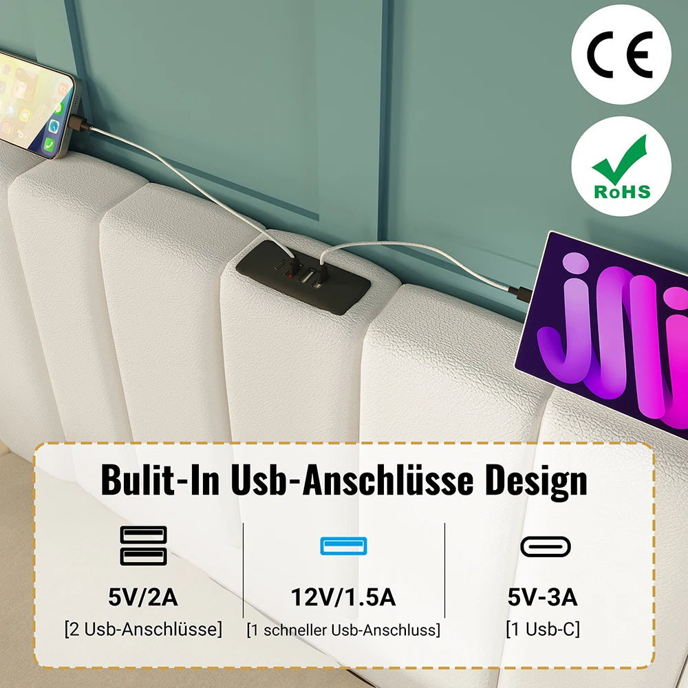 KOMHTOM Polsterbett, Stauraumbett mit LED und USB-C Ladefunktion, PU (Ohne Matratze und Nachttisch)