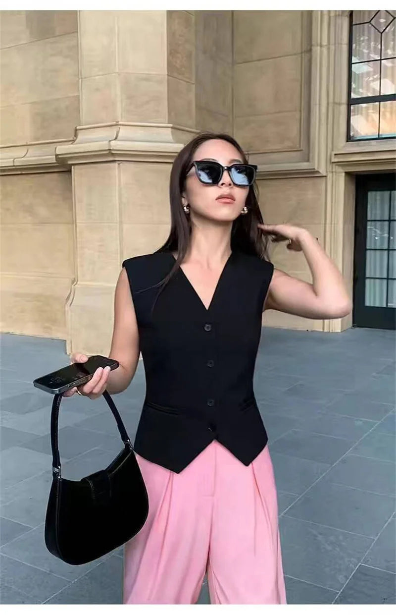 Frühling Sommer Koreanische Mode Weste 2025, Neue Frauen Kurze Mode V-ausschnitt Ärmellose Casual Blazer Weste Mäntel Weibliche Tops