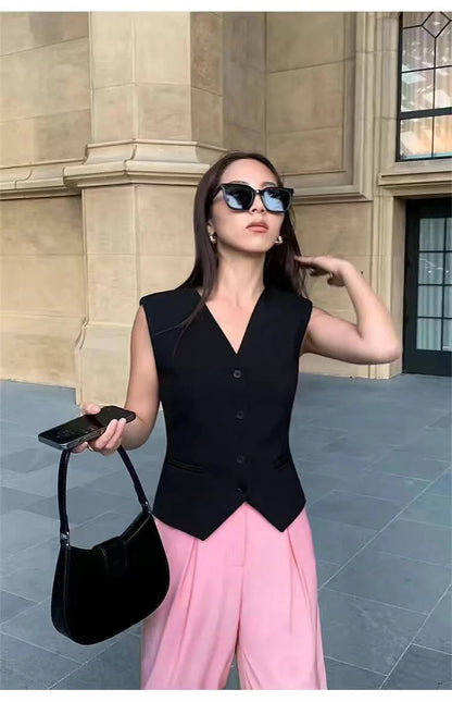 Frühling Sommer Koreanische Mode Weste 2025, Neue Frauen Kurze Mode V-ausschnitt Ärmellose Casual Blazer Weste Mäntel Weibliche Tops