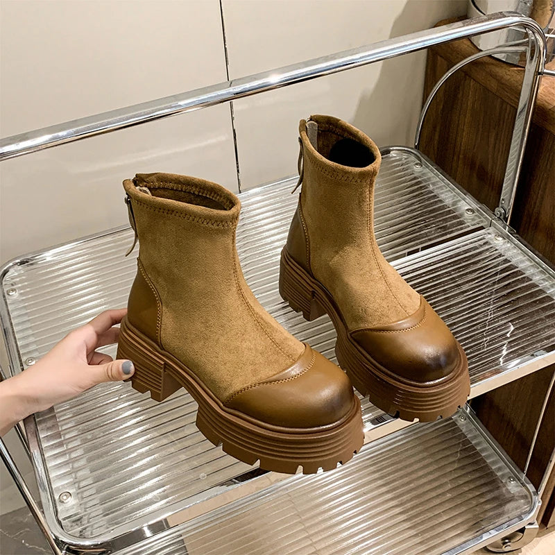 Vintage Platform Splicing Woman Ankle Boots Design Back Zippers Thick Sole Shoes  2025 Autumn Winter Short Botas Para Mujer.