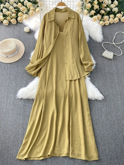 Muslim Women Shirt Dress Two Piece Set Solid Modest Suits Ramadan Musulman Ensemble Morocco Dubai Abayas Islam Outfits Jalabiya