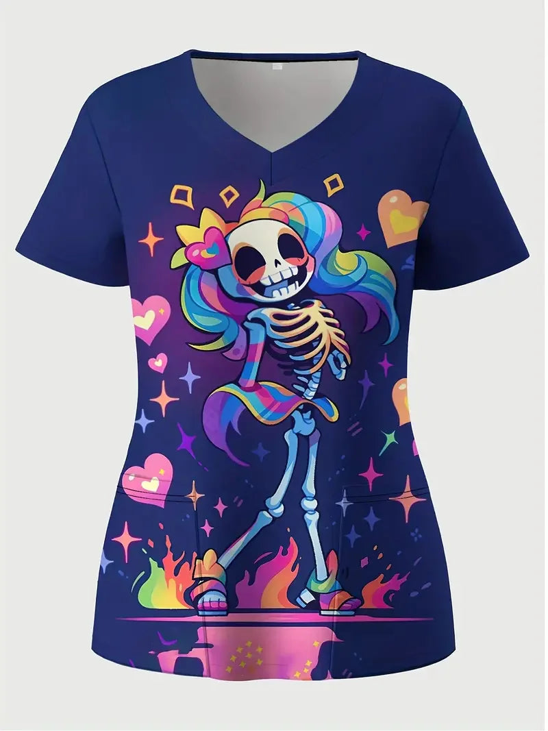 Halloween Surgical Uniforms Woman Cartoon Print Fashions Nurse Casual V-Neck Short Sleeve Patch Contest Clinical Uniform Woman.