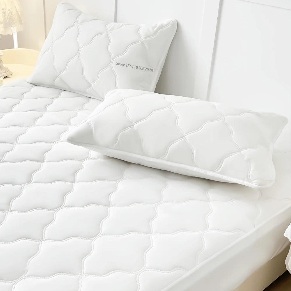 Throw Mattress Cover Bed Fitted Sheet Waterproof Mattress Bedspread Protector Pads Single/Double/King/Queen Full Size Gray/White.