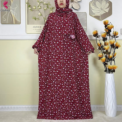 2025 New Muslim Abayas For Women Ramadan Prayer Garment Dubai Middle East Femme Robe Cotton Loose African Dress Turban Attached